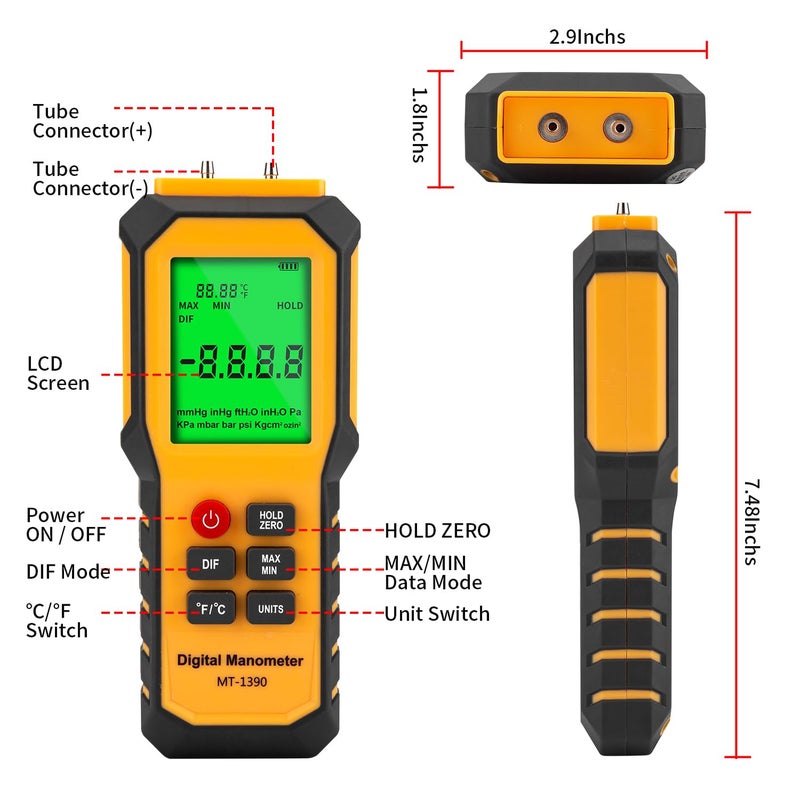 YZTMETER YZT Meter Manometer Air Pressure Meter, Digital Differential Pressure Gauge, HVAC Gas Pressure Meter Dual-Port Manometer Gas Pressure Tester (9v Battery Included)… - Image 5
